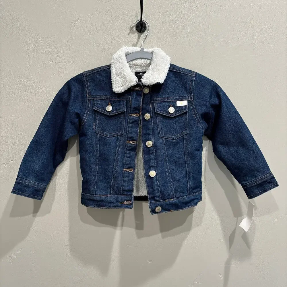 NWT 7 For All Mankind Toddler Girl Sherpa Faux Fur Denim Jean Jacket - Size: 4T